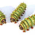 Three Green Reptiles With Yellow Stripes Orange Spines And Black Heads Crawling