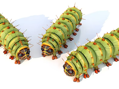Three Green Reptiles With Yellow Stripes Orange Spines And Black Heads Crawling 3d model