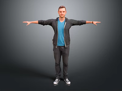 Man with outstretched arms wearing blue T-shirt black jacket canvas shoes against gray background 3d model