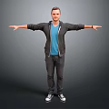 Man with outstretched arms wearing blue T-shirt black jacket canvas shoes against gray background