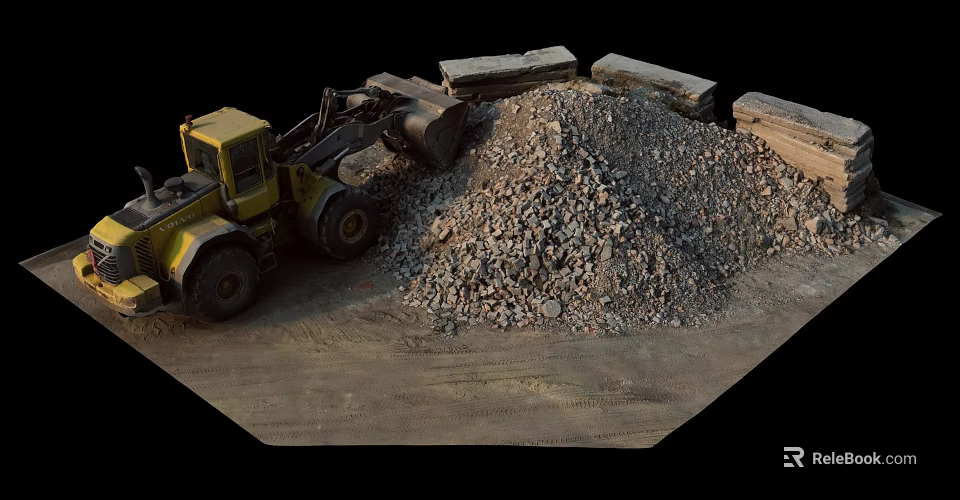 Yellow Loader Near Large Gravel Pile With Stone Blocks At Construction Site 3d model 