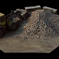 Yellow Loader Near Large Gravel Pile With Stone Blocks At Construction Site