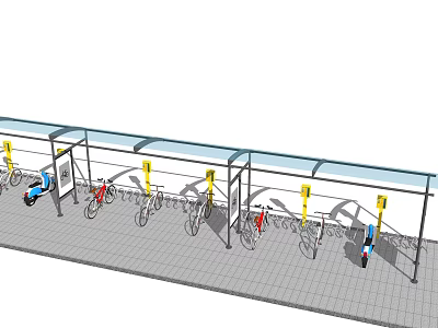 Outdoor Bike Shelter with Multiple Bicycle Racks and Covered Parking Structure 3d model
