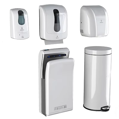 Automatic White Commercial Soap Dispensers Hand Dryers And Trash Cans For Public Areas 3d model