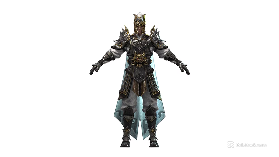 Man In Full Body Medieval Ornate Armor With Gold Accents Standing Arms Outstretched 3d model 
