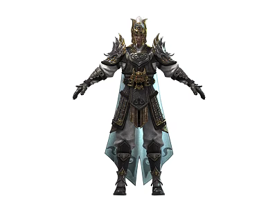 Man In Full Body Medieval Ornate Armor With Gold Accents Standing Arms Outstretched 3d model