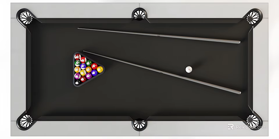 Modern Billiard Entertainment Table With Colorful Balls Cues And Triangle Rack 3d model 