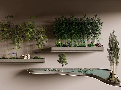 Bamboo Plants In Modern Vertical Garden With Water Feature And Decorations 3d model