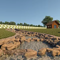 Scenic Garden Landscape Featuring Illuminated Tents Lawn Seating And Night Lighting
