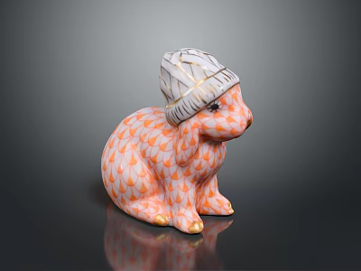 Ceramic Rabbit Figurine Wearing Patterned Hat With Orange White Fish Scale Design And Golden Paws 3d model