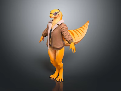 Cartoon Lizard Character Wearing Brown Jacket And Goggles With Long Tail 3d model