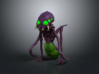Game Movie Character Purple Monster With Green Glowing Eyes Sharp Fangs And Long Legs 3d model