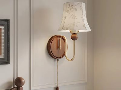 Wall Lamp With White Floral Lampshade And Wooden Base On Light Wall Near Picture Frame 3d model