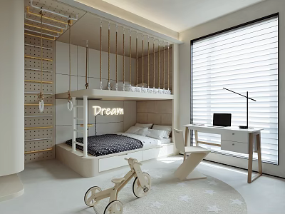 Bright Kids Room Interior With Bunk Bed Desk Wooden Toy Bike And Star Rug 3d model