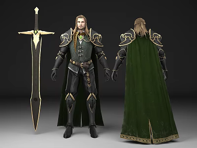 Fantasy Man Wearing Elaborate Armor With Green Cape And Sword Front Back View 3d model