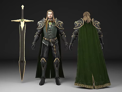 Fantasy Man Wearing Elaborate Armor With Green Cape And Sword Front Back View 3d model