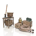 Traditional Household Items With Wooden Table Ceramic Containers Vintage Boxes And Coiled Rope