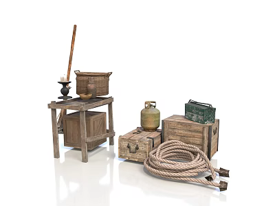 Traditional Household Items With Wooden Table Ceramic Containers Vintage Boxes And Coiled Rope 3d model