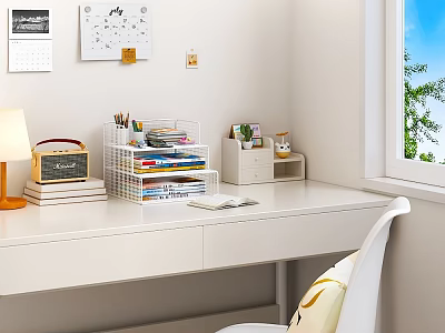 White Desk Setup With Stacked Books Stationery Organizer Table Lamp And Window View 3d model