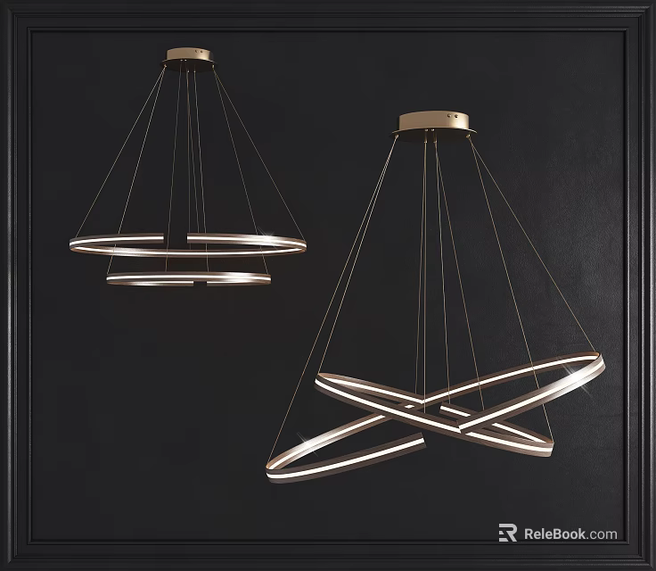 Modern Chandeliers with Intersecting Ring Design Gold Brass Finish on Black Ceiling 3d model