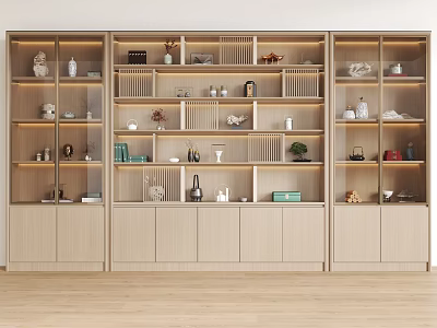 Modern Wooden Bookcase With Built In Lighting And Decorative Items Books Tea Sets 3d model