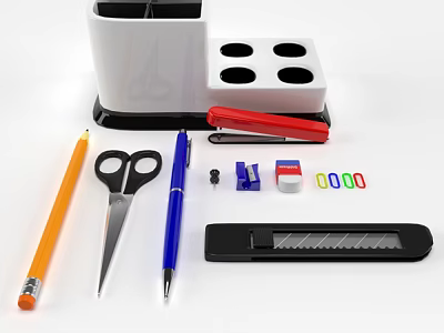 Office Stationery Set With Pen Holder Stapler Scissors Pencil Pen Utility Knife And Paper Clips 3d model