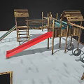 Wooden Playground Equipment with Red Slide Swings Climbing Net and Platforms