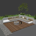 White L-shaped Outdoor Sofa with Central Fire Pit Green Plants on Wooden Floor and Pebbles