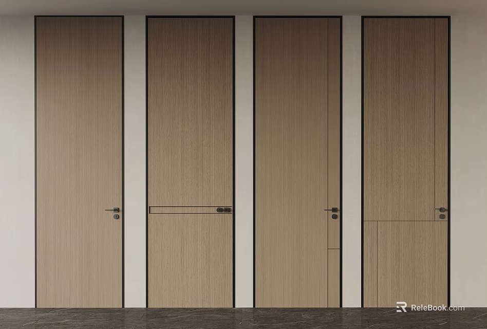 Modern Wooden Doors With Four Panel Design And Metal Handles For Interior 3d model 