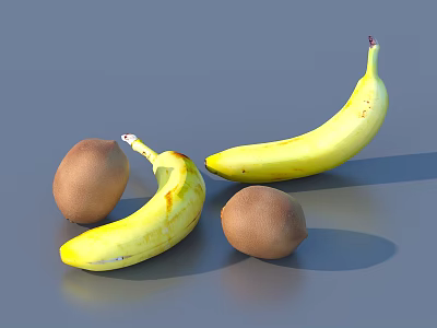 Ripe Yellow Bananas and Brown Kiwis Displayed on Gray Surface 3d model