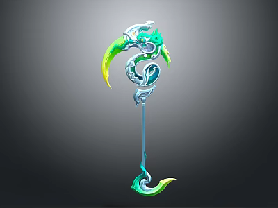 Woman Holding Blue Green Decorative Staff With Spiral Flame And Hook Design 3d model