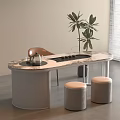 Modern Oval Tea Table With Marble Top Stools And Plant In Modern Interior 3d model