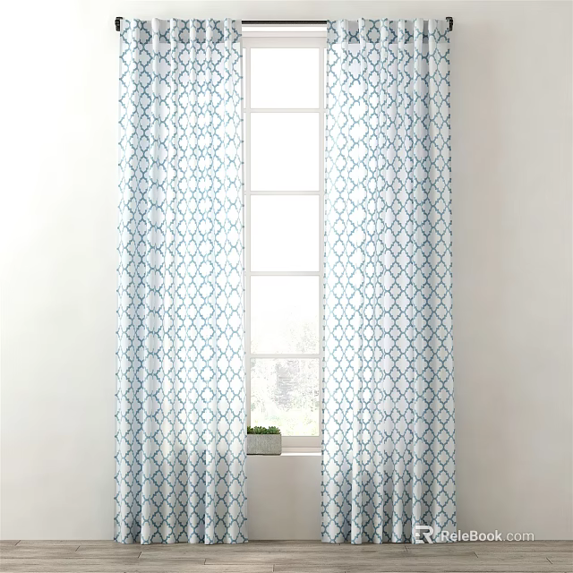 Blue and White Geometric Pattern Sheer Curtains for Modern Window with Potted Plant 3d model 