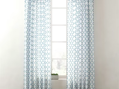 Blue and White Geometric Pattern Sheer Curtains for Modern Window with Potted Plant 3d model