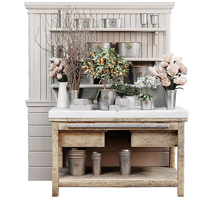 Decorative Ornament Arrangement On Wooden Table With Metal Buckets Vases Potted Plants And Flower Bouquets 3d model