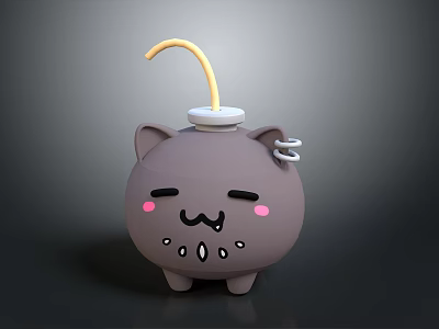 Cute Cartoon Cat Game Movie Character with Gray Body Pink Cheeks Closed Eyes Yellow Straw 3d model