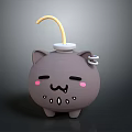 Cute Cartoon Cat Game Movie Character with Gray Body Pink Cheeks Closed Eyes Yellow Straw