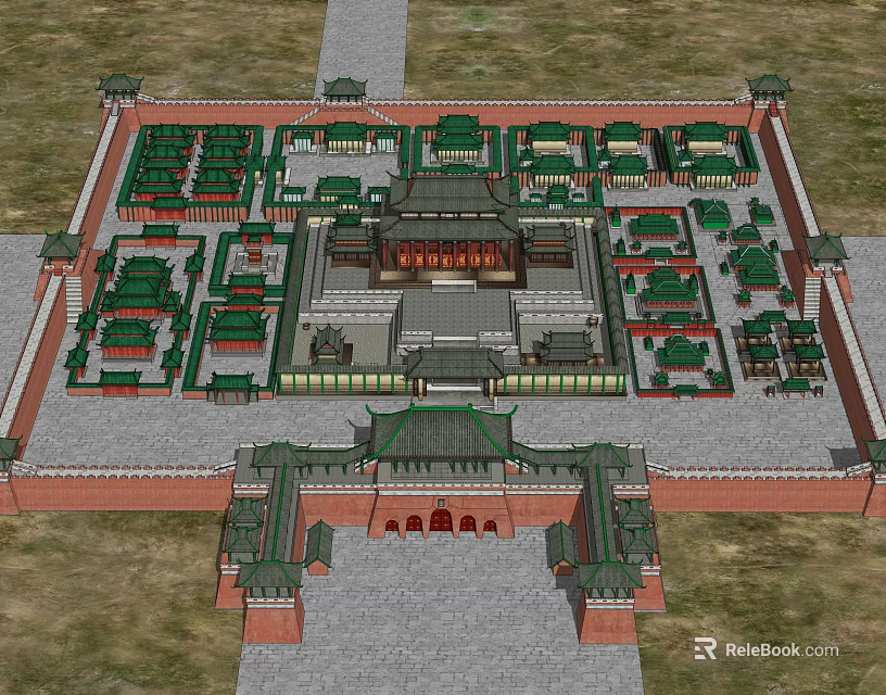 Ancient Chinese Architectural Complex Featuring Symmetric Layout Green Tiled Roofs and Red Walls 3d model 