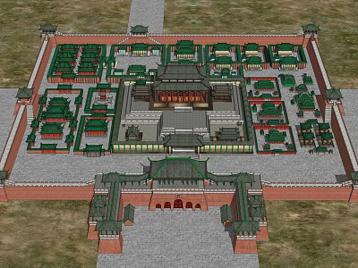 Ancient Chinese Architectural Complex Featuring Symmetric Layout Green Tiled Roofs and Red Walls 3d model