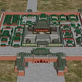 Ancient Chinese Architectural Complex Featuring Symmetric Layout Green Tiled Roofs and Red Walls