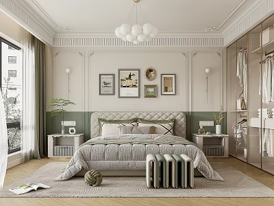 Elegant Modern Bedroom Interior With Bed Framed Artworks Chandelier Nightstands And Wardrobe 3d model