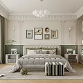 Elegant Modern Bedroom Interior With Bed Framed Artworks Chandelier Nightstands And Wardrobe