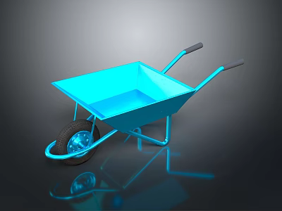 Blue Wheelbarrow With Black Handles Single Wheel And Reflective Metal Body 3d model