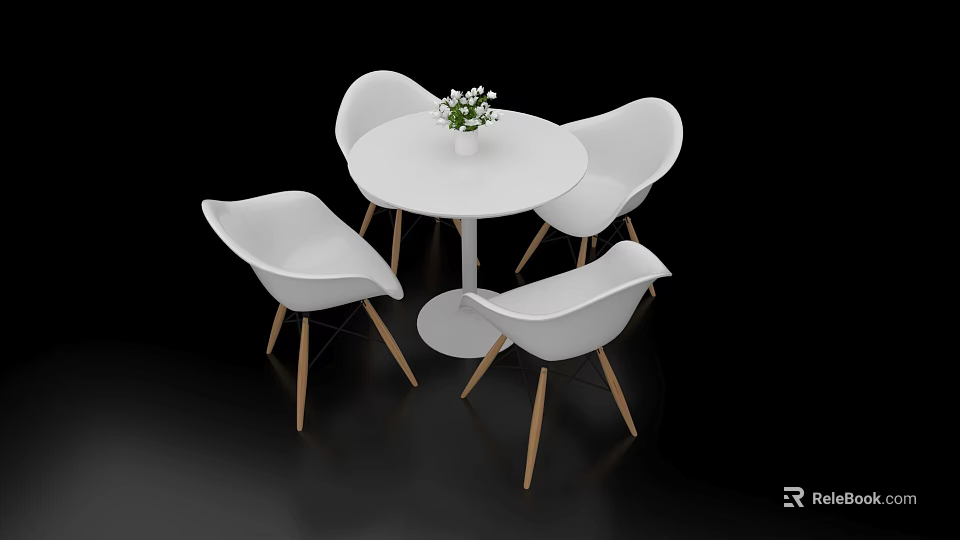 Modern White Round Negotiation Table And Four Chairs With Wooden Legs And Flowers 3d model 