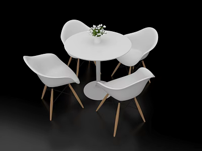 Modern White Round Negotiation Table And Four Chairs With Wooden Legs And Flowers 3d model