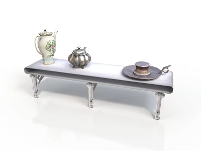 Antique Metal Shelf With Ornate Carved Legs And Three Decorative Teapots 3d model