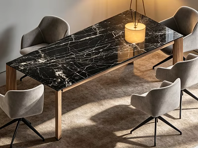 Modern Dining Table Set with Black Marble Top Wooden Legs and Light Gray Chairs 3d model