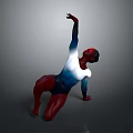 A Woman In Dynamic Dance Pose With Red Blue White Painted Body On Gray Background