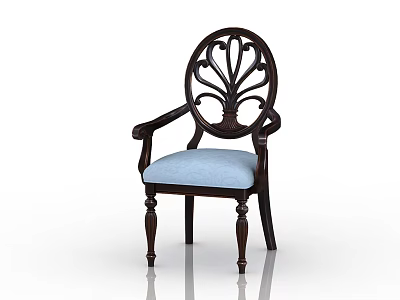 Classic Dark Wooden Dining Chair With Armrests Oval Carved Backrest And Light Blue Padded Seat 3d model