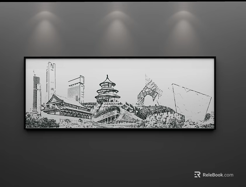 Black and White Landscape Painting Featuring Traditional And Modern Architecture Hanging Illuminated By Spotlights 3d model 